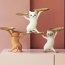 HD-17 Enchanting Cat Storage Ornament - Resin Cat Figurines With Gold Trays, a Cute and Practical Home Accessory.