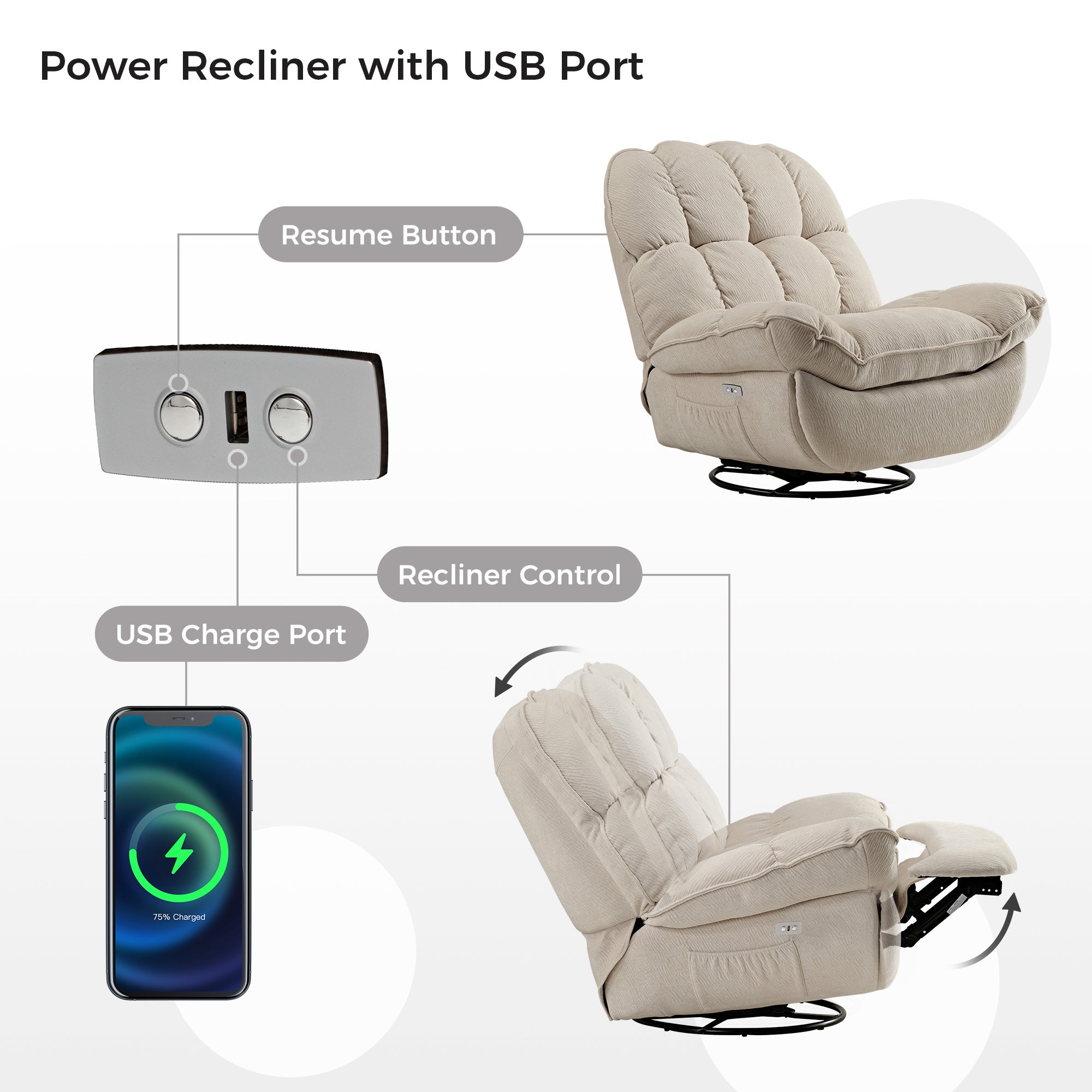 Eureka Ergonomic Power Swivel Rocking Recliner Chair with
