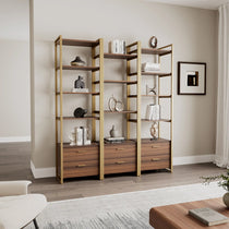 Eureka Ergonomic Sonoma 85.2'' Storage Shelf With Open Shelves and Drawers, Modern Design, Brown and Gold.