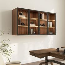 32 Wall Mounted Curio Cabinet With Glass Doors, Displaying Decor Items, Dark Wood Finish, With Interior Lighting.
