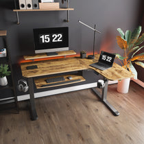 Eureka Ergonomic L-Shaped Standing Desk With Maple Top, Time 15: 22 On Monitor and Laptop, Ergonomic Workspace Setup.