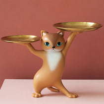 HD-17 Enchanting Cat Storage Ornament - Beige Resin Cat Figurine With Gold Trays.