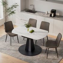 Amelia Round Extending Dining Table With White Top and Black Base, With Gray Chairs, Modern Dining.