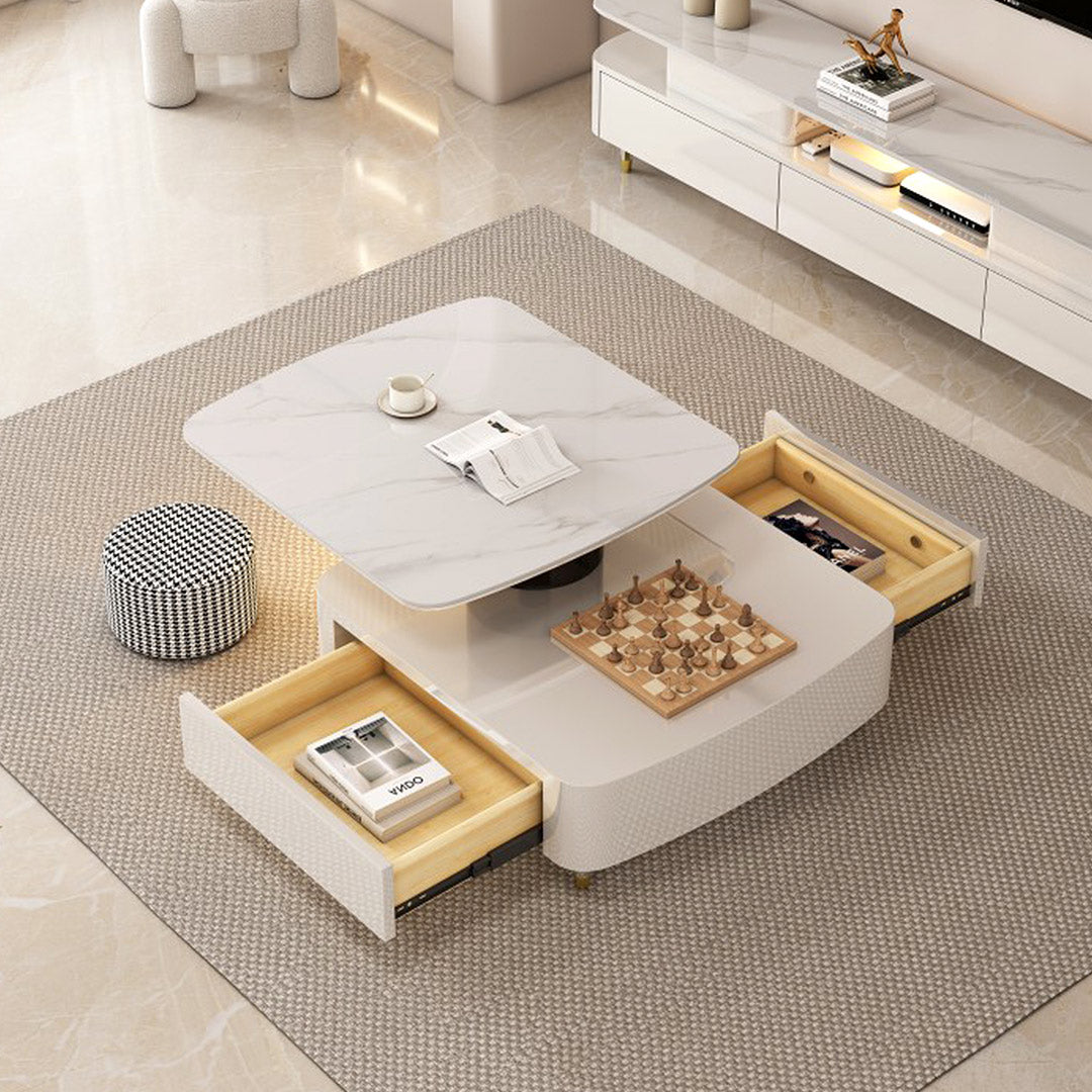 CT02，Modern White Coffee Table With Drawers，Creamy White