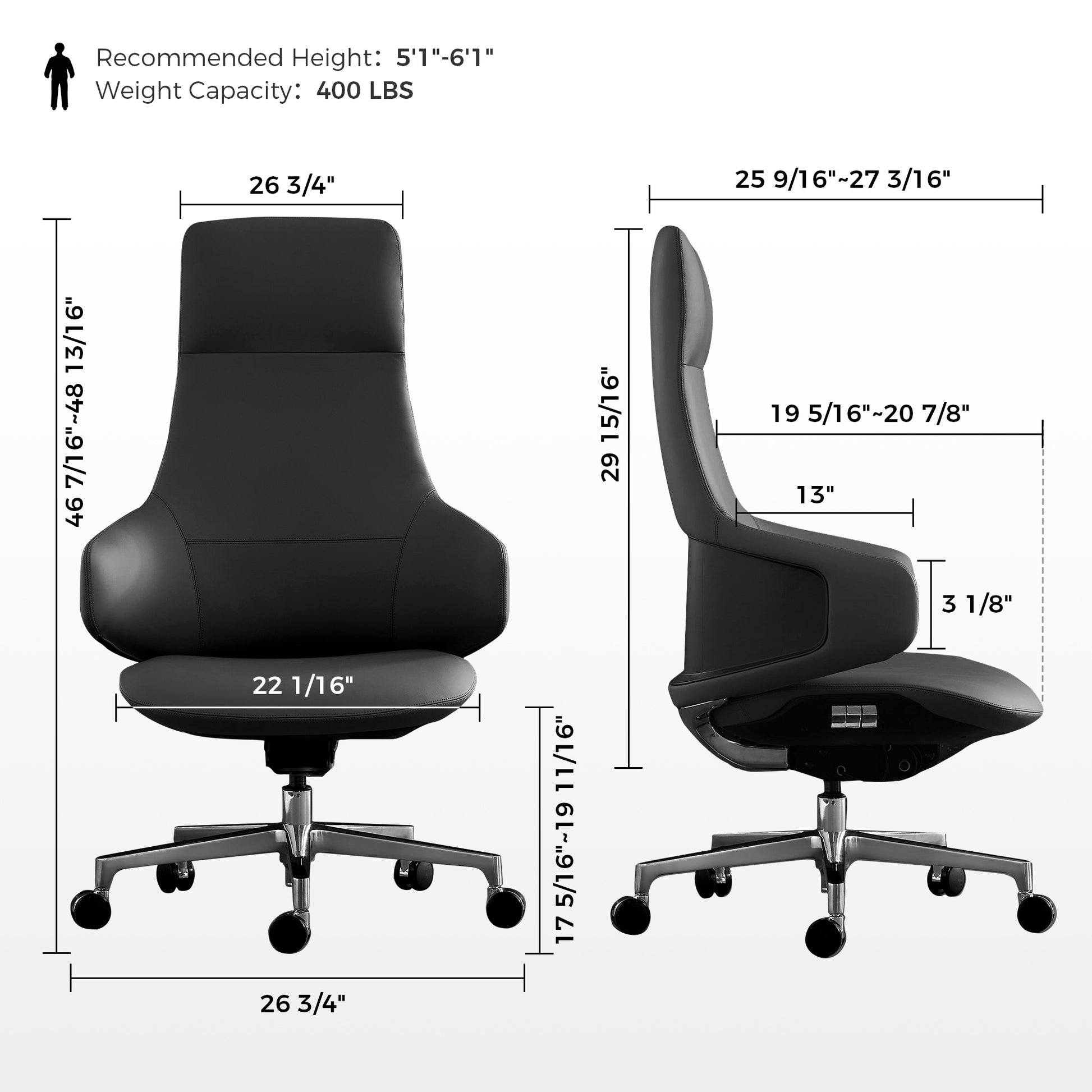 Eureka Ergonomic Serene Bella, Executive Leather Office Chair, Black,Dimensions