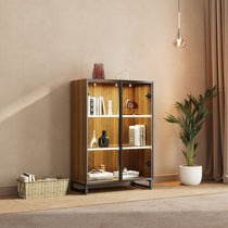 Contemporary Curio Cabinet With Led Lighting, Glass Doors, and Adjustable Shelves, Showcasing Collectibles.