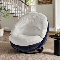 Gloria Swivel Lounge Chair: White Faux Fur Seat and Blue Chenille Backrest, Swivel Base, for Comfortable Living Room.