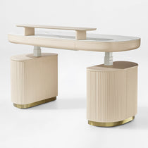 Oval Executive Standing Desk With Light Beige Finish, Marble Top, Storage, Ergonomic Office Furniture.