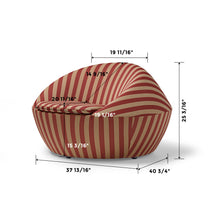 Red/Yellow and Blue/Yellow Stripe Modern Lounge Chair With Dimension Details, Designed for Comfort and Sustainable Luxury.