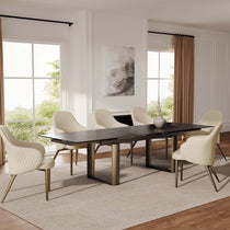 Acalay Beige Dining Set: Six Diamond-Stitched Armchairs Around a Dark Dining Table, Modern Design.