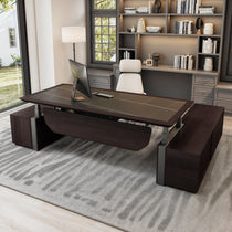 Zen Classic Executive Standing Desk in a Modern Office With Dark Wood Finish, Integrated Cabinets, and Ergonomic Chair.