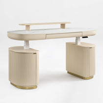 Eureka Ergonomic Opal Oval Executive Standing Desk in Light Beige With Marble Top and Storage Cabinets.