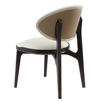 Cedar Off-White Leather Dining Chair With Woven Back Detail and Dark Wood Frame, Modern Design.