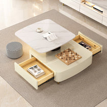 Creamy White Rotating Coffee Table With Drawers, Marble Top, Perfect for Modern Living.