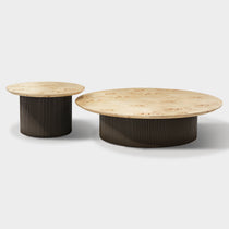 43 Birch Veneer Coffee Table Set, Modern Design, Light Wood Top, Dark Ribbed Base.