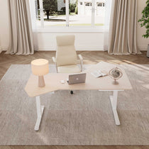 Modern Ergonomic Office Standing Desk With Adjustable Height, a Light-Colored Wood Finish, and Sit-Stand Design.