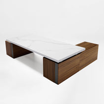 Eureka Ergonomic Zen Pro Executive Standing Desk With White Marble Top and Wood Cabinets,Back View.