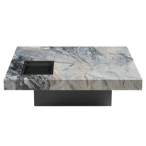 39 Square Marble Coffee Table With Sunken Desktop. Italian Style Marble Table With Black Base.