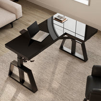 Black GTG-L60 Pro L-Shaped Glass Standing Desk With a Laptop, Modern Office Furniture.