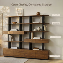 Eureka Ergonomic Ark 78 inch walnut bookshelf with labeled display shelves, drop-down cabinet, and drawer storage