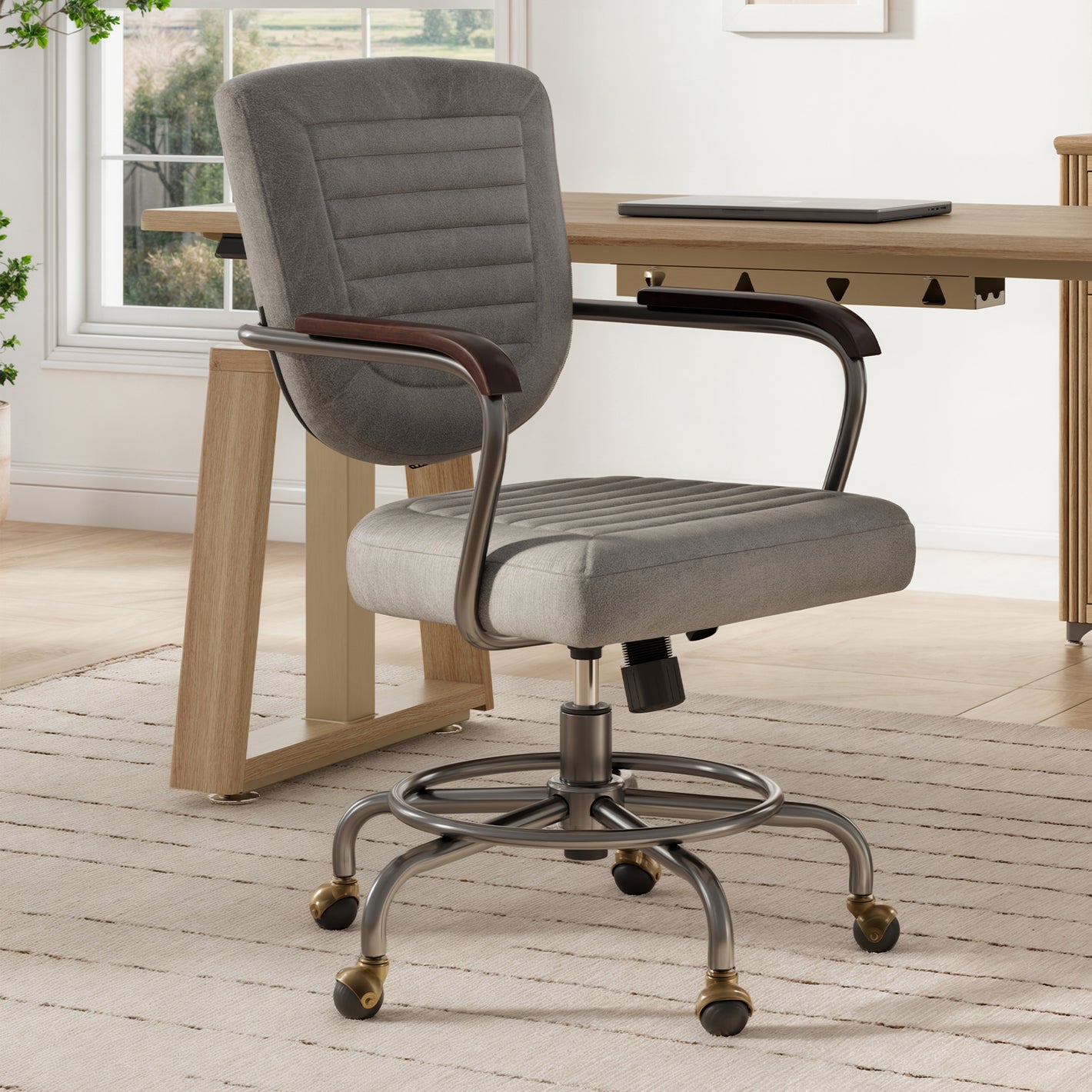 Cole Task Office Chair, Retro Gray Pu Leather, Solid Wood Arms and Rolling Casters.