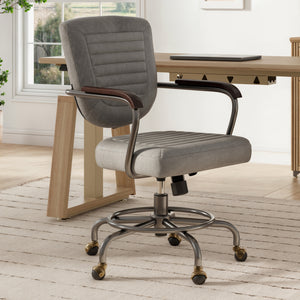 Cole Task Office Chair, Retro Gray Pu Leather, Solid Wood Arms and Rolling Casters.