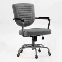 Cole Task Office Chair With Gray Pu Leather, Wooden Armrests, and Rolling Casters.