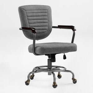 Cole Task Office Chair With Gray Pu Leather, Wooden Armrests, and Rolling Casters.