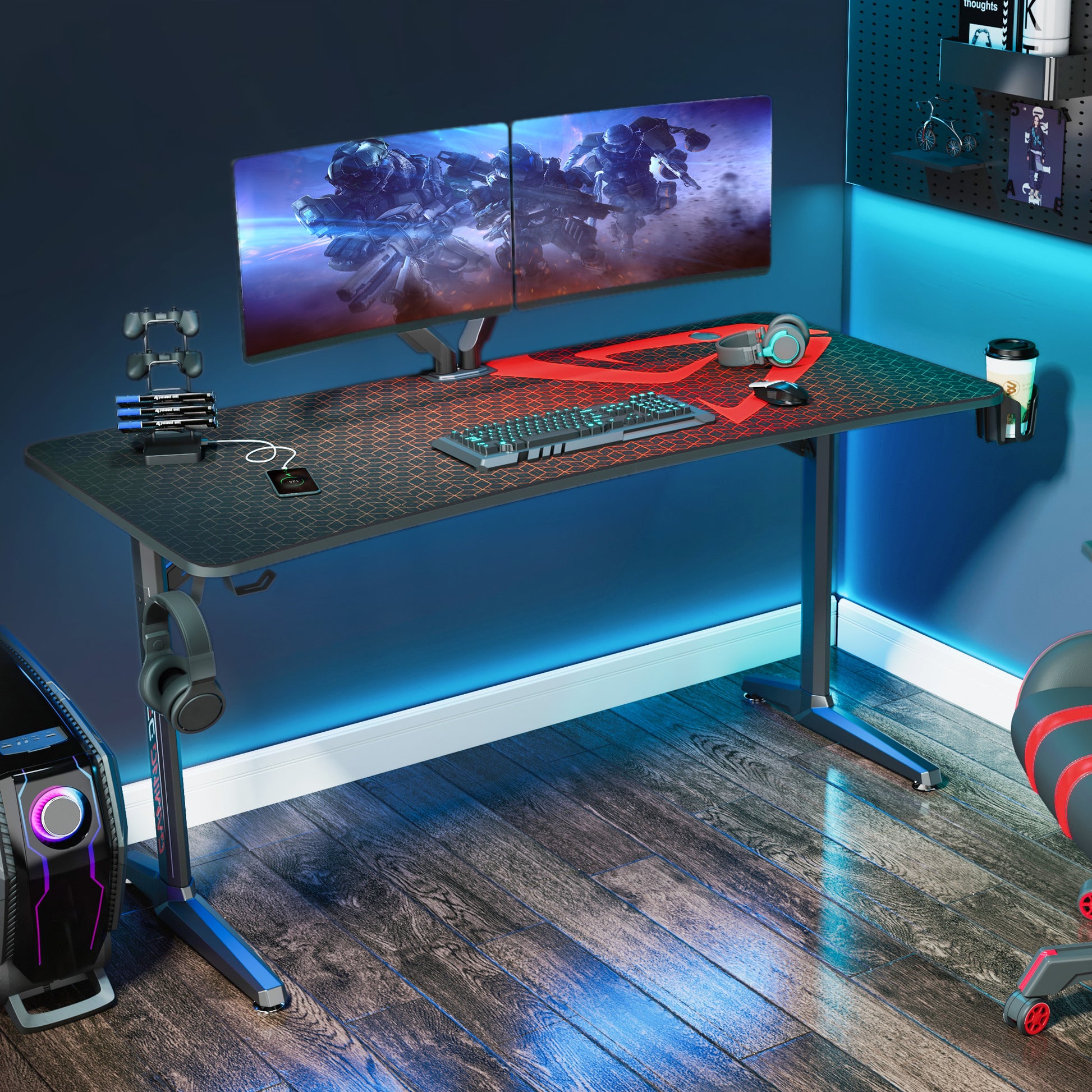 Eureka Ergonomic 60" Curved Gaming Desk With Accessories, Black Desk, Multiple Monitors, and Headset.
