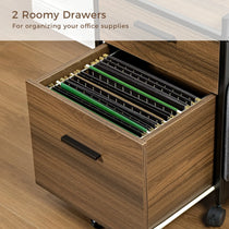 Rustic Brown Rolling File Cabinet With 2 Drawers for Office Supplies Organization.