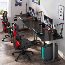 Eureka Ergonomic Gaming Setup Featuring a Curved Gaming Desk, Dual Monitors, Black and Red Ergonomic Chair.