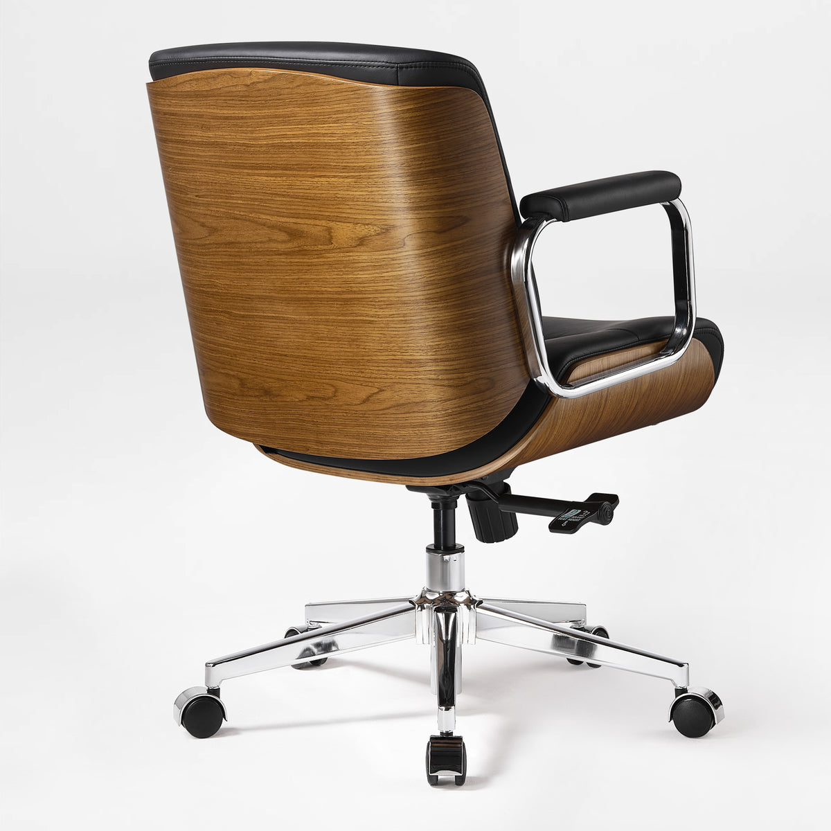 Eureka Ergonomic Mason Black Low-Back Office Chair, Rear Three-Quarter View Highlighting the Curved Walnut-Finish Wood Shell