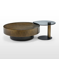 35 Brown Coffee Table Set With Bronze Brushed Finish, Glass Side Table Set, and Modern Design.