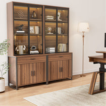Eureka Ergonomic 77'' Walnut Bookshelf With Glass Doors and Storage Cabinets for Books.