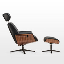 Matteo Lounge Chair and Ottoman Set in Black Leather and Wood Accents. Luxury Living Room Furniture.