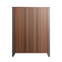 42 Walnut Chest Dresser With Metal Frame. Modern Bedroom Storage Cabinet With Wood Grain Detail.