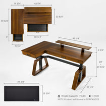 Ark Pro L-Shaped Walnut Standing Desk Diagram, Dimensions, Weight Capacity, Adjustable Height.