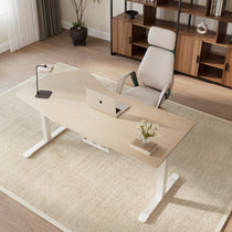 Eureka Ergonomic Standing Desk in Modern Home Office, Ergonomic Chair, Laptop and Wood Veneer Finish.