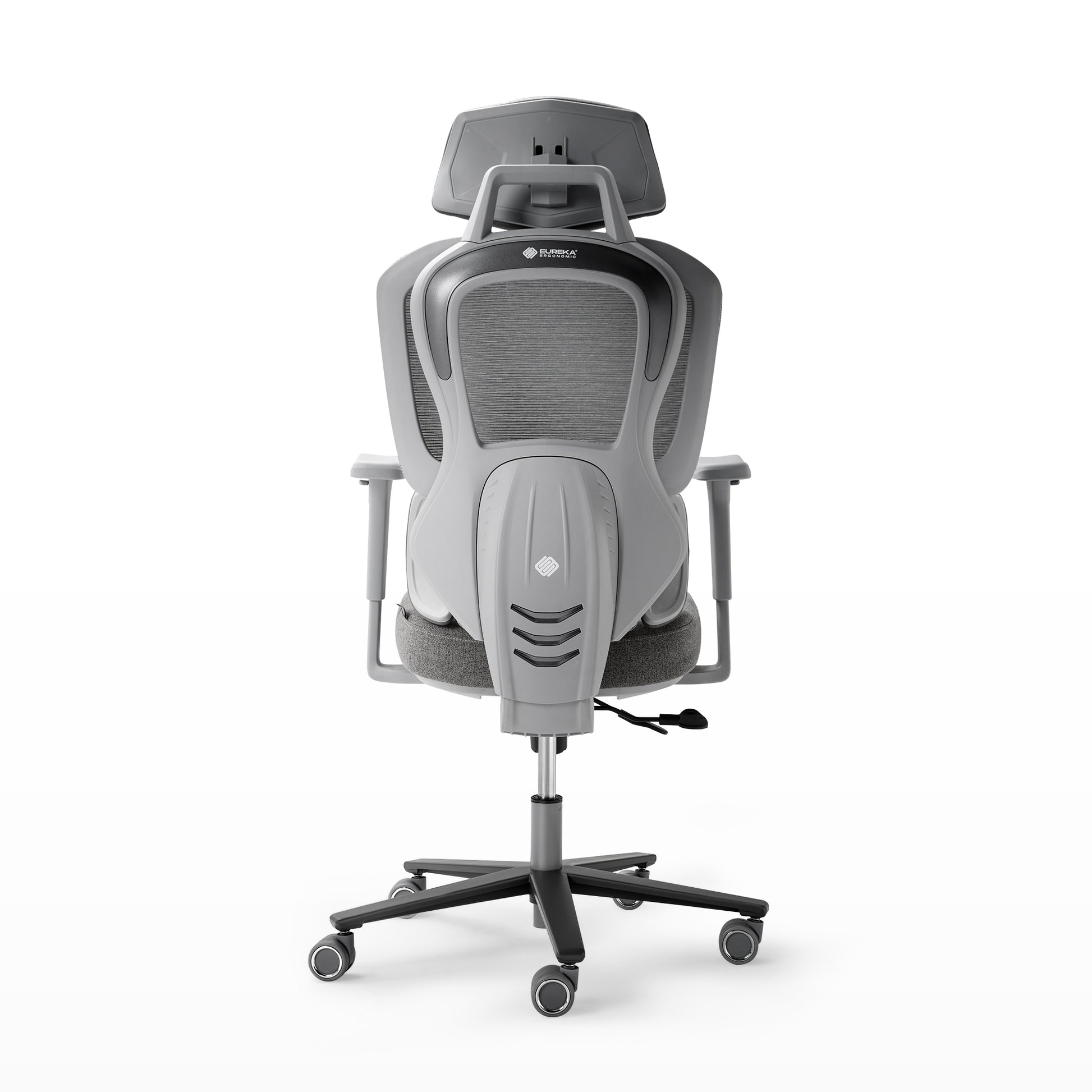 Gray office chair with headrest on a white background, gray