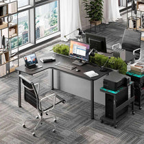 Eureka Ergonomic Black L-Shaped Desk With Triple Monitors - Modern Office Setup.