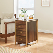 Walnut File Cabinet With Gold Metal Frame and Four Drawers Next to Sofa. Office Storage Furniture.