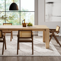 Eureka Ergonomic Mila Rattan Dining Chair set of 2, walnut finish with woven back and cream cushion, mid-century modern design, splayed legs.