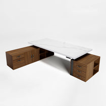 Eureka Ergonomic Zen Pro Executive Standing Desk With White Marble Top and Brown Wood Cabinets,Overlooking.