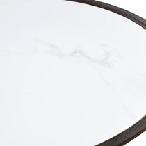 Close-Up Detail of the 55 Modern Irregular Walnut Coffee Table, Showcasing White Marble Top and Dark Wood Edge.