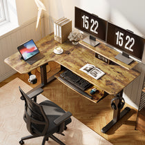 L-Shaped Standing Desk With Accessories, Maple Wood Finish, Dual Monitors Displaying 15: 22 and S1: 59, Ergonomic Workspace.