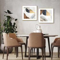 Set of 2 Mid-Century Abstract Wall Art Prints With Gold Frames and Geometric Shapes for Dining Room.