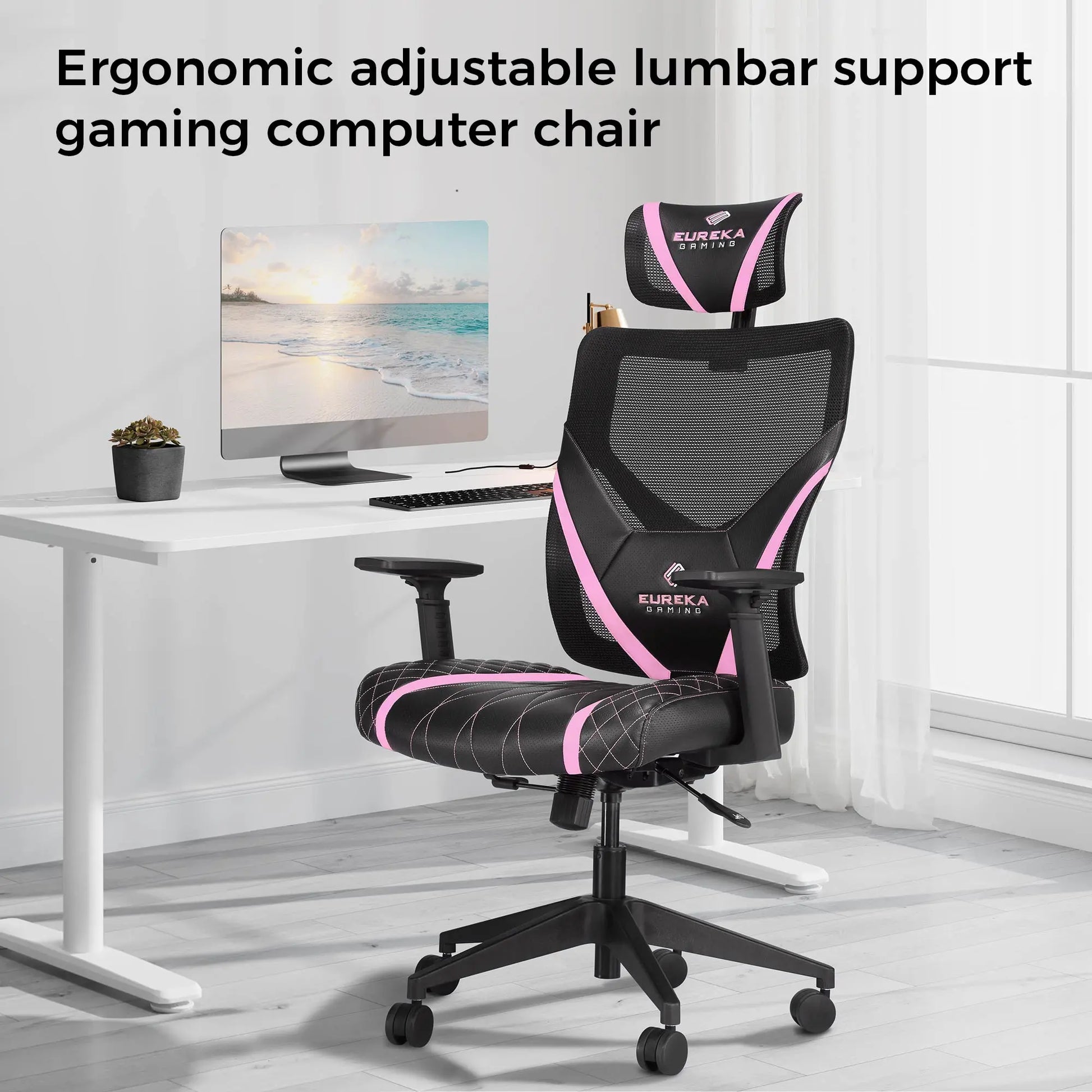 Eureka Ergonomic Home Office Gaming Computer Swivel Chair with Headrest and Lumbar Support, Adjustable Mesh Back & Height, Exclusive Ergonomic Video Game Chair, Black&Pink