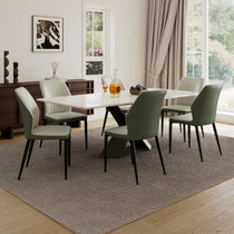 Ember Dining Set, Modern Dining Room With Gray and Bottle Green Upholstered Chairs.