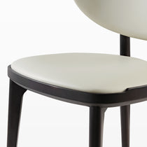Off-White Leather Cedar Dining Chair Detail, Dark Wood Frame, Modern Dining Set.