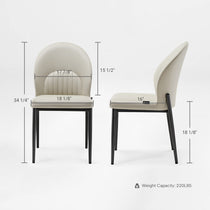 Off-White Upholstered Dining Chair With Black Metal Legs and Dimension Details.